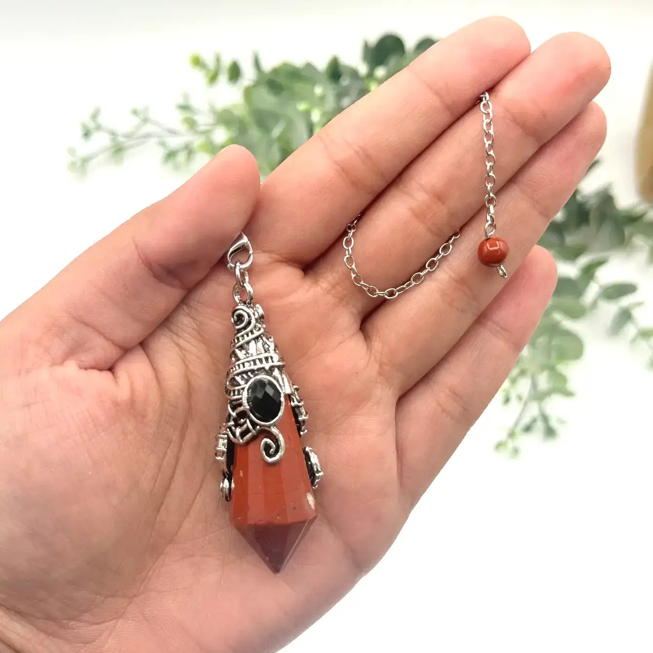 Gemstone Pendulum  12 Faceted Antique Silver : Red Jasper