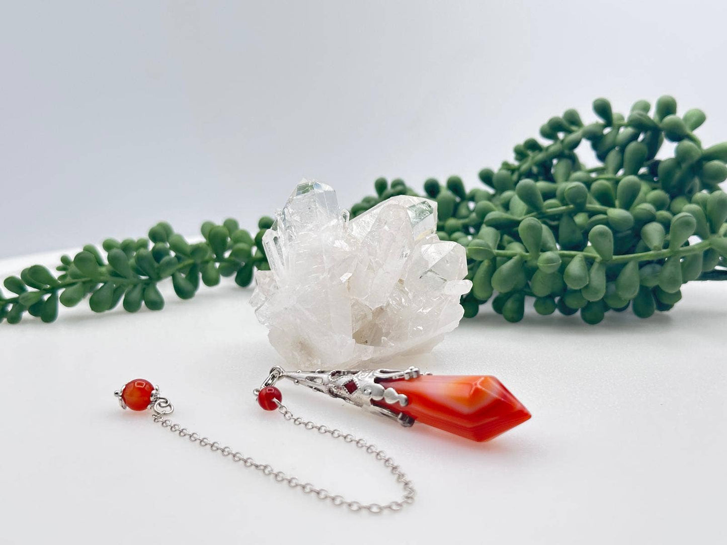 Banded Carnelian  Gemstone Art Deco Silver Color Pendulum