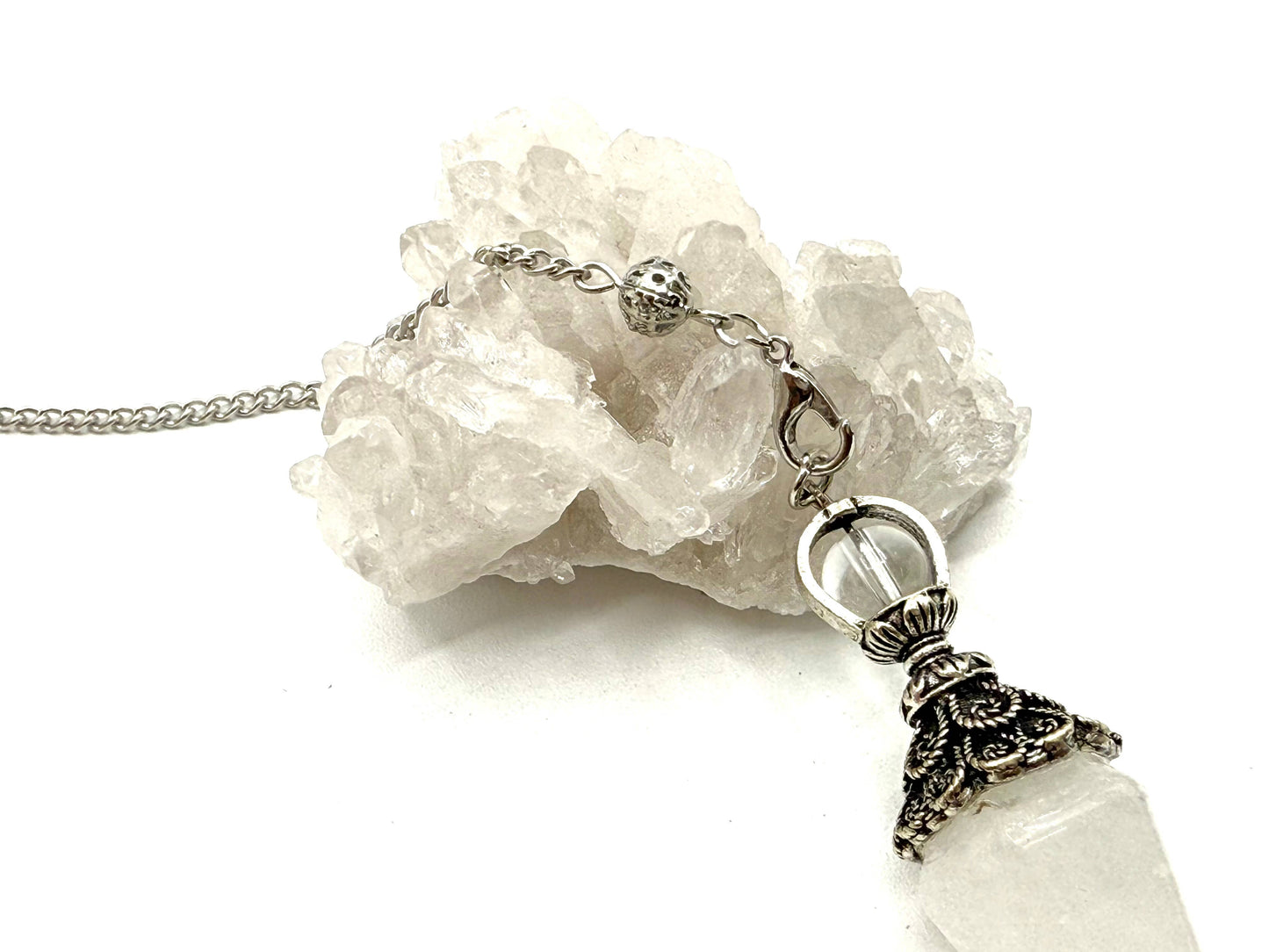 Clear Quartz Double Cap Pendulum with Silver Plate Chain