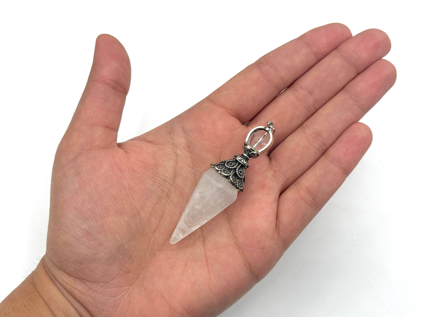 Clear Quartz Double Cap Pendulum with Silver Plate Chain
