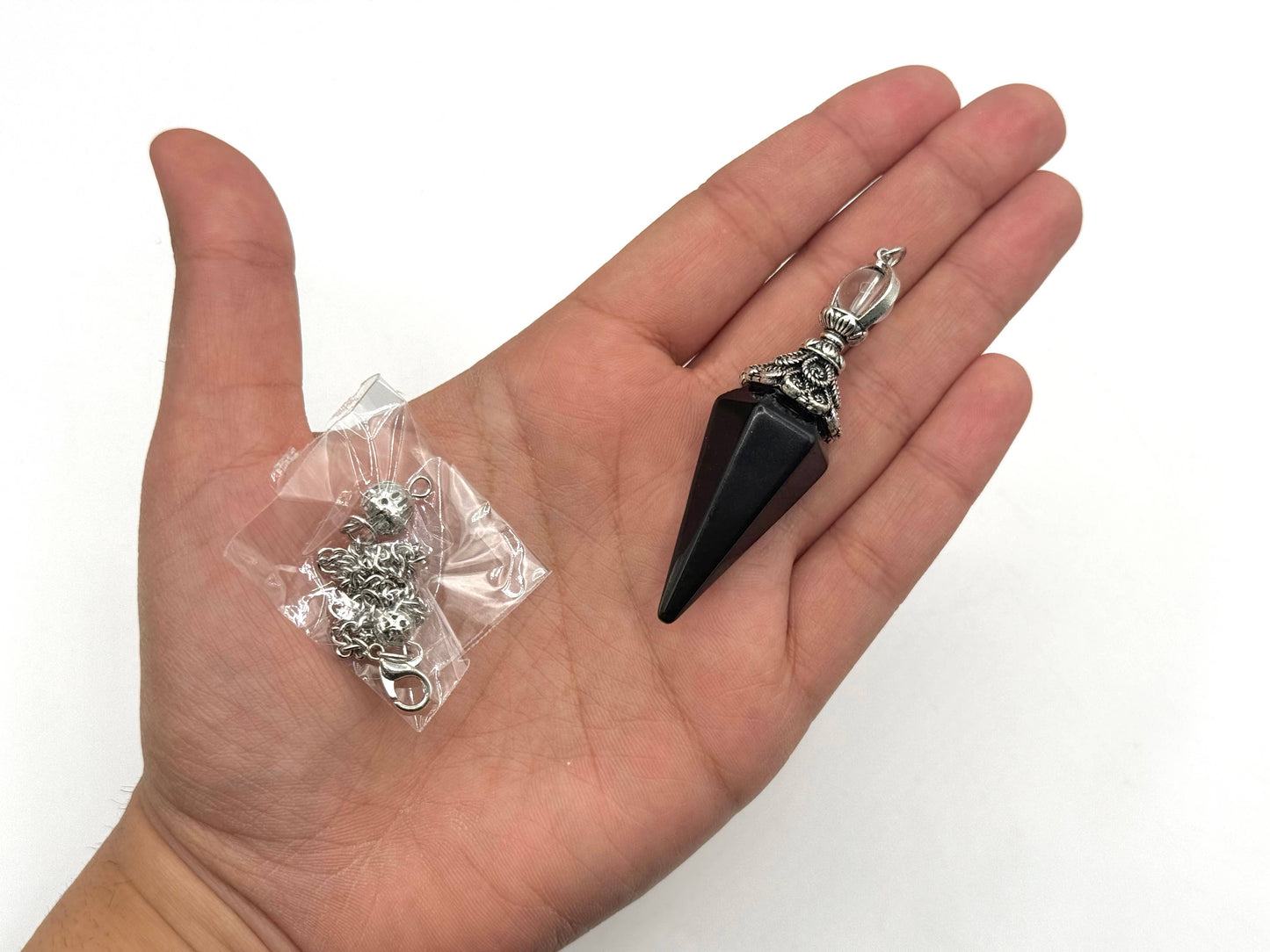 Black Obsidian Double Cap Pendulum with Silver Plate Chain