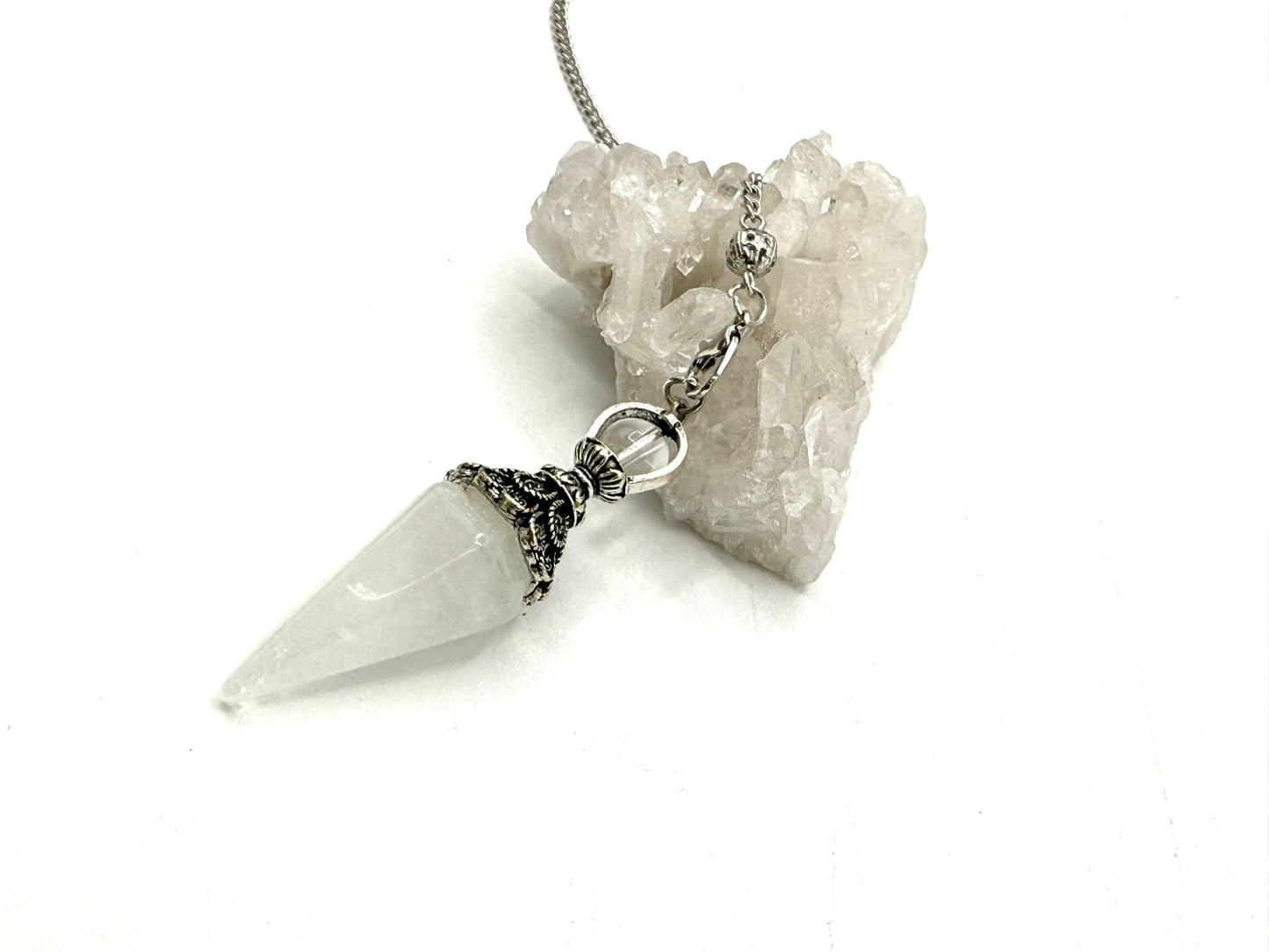 Clear Quartz Double Cap Pendulum with Silver Plate Chain