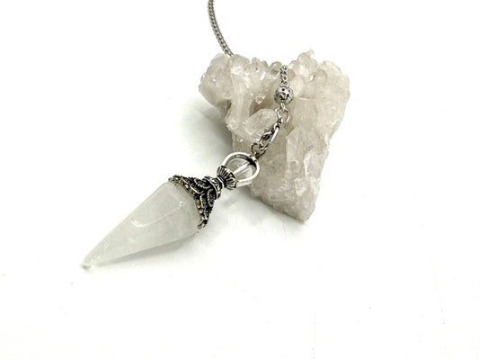 Clear Quartz Double Cap Pendulum with Silver Plate Chain