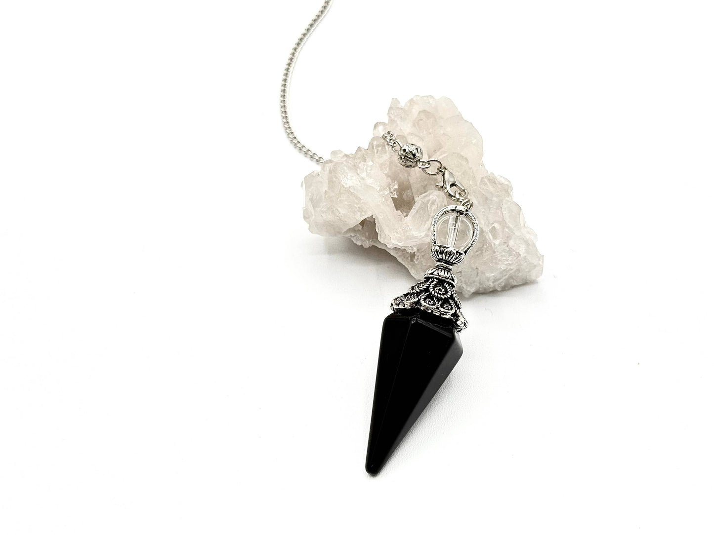 Black Obsidian Double Cap Pendulum with Silver Plate Chain
