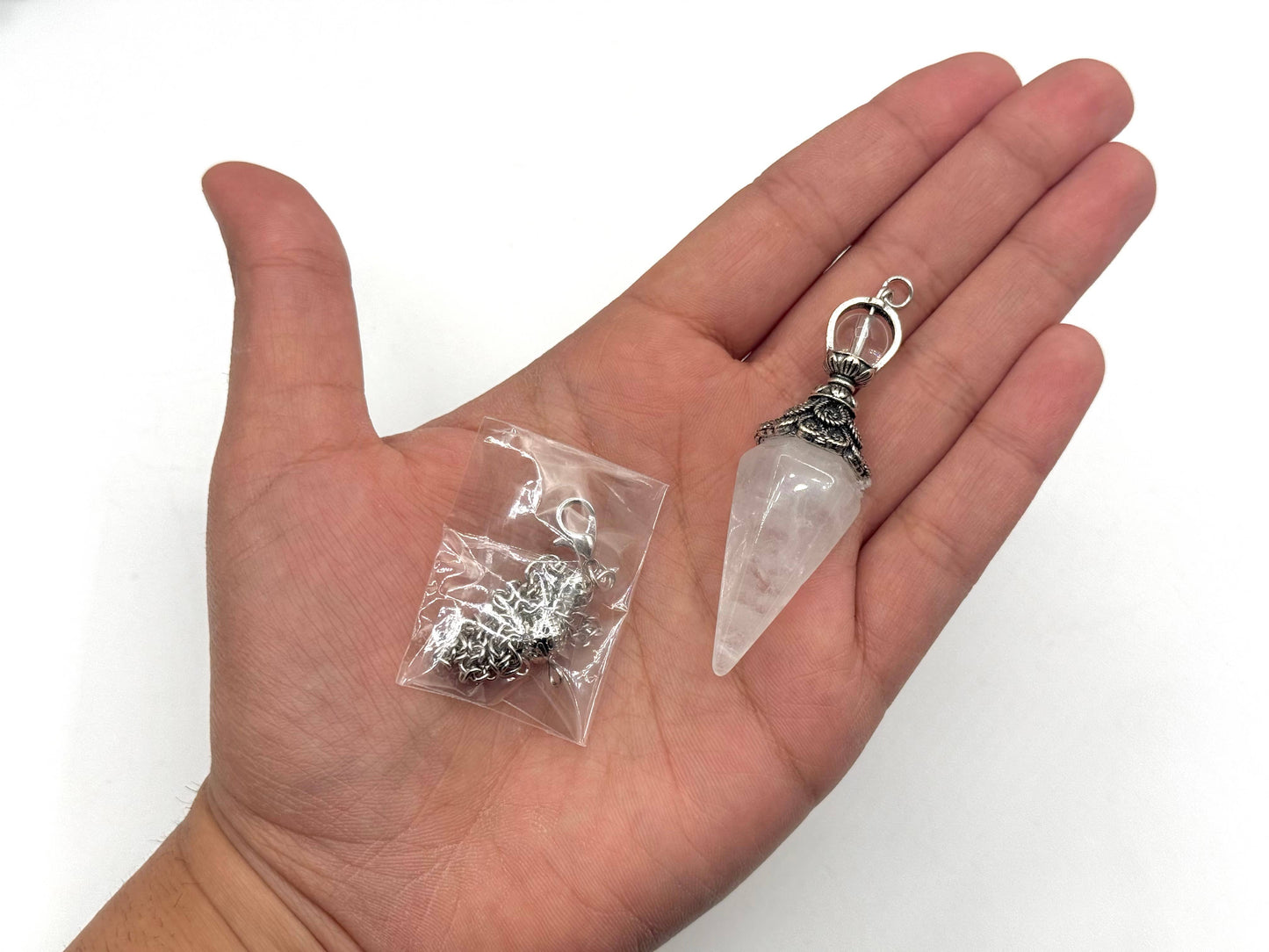Clear Quartz Double Cap Pendulum with Silver Plate Chain