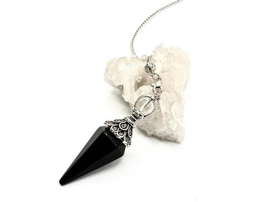 Black Obsidian Double Cap Pendulum with Silver Plate Chain