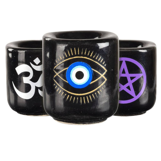 MINI CANDLE HOLDERS WITH DESIGN: Gold Triple Moon Goddess
