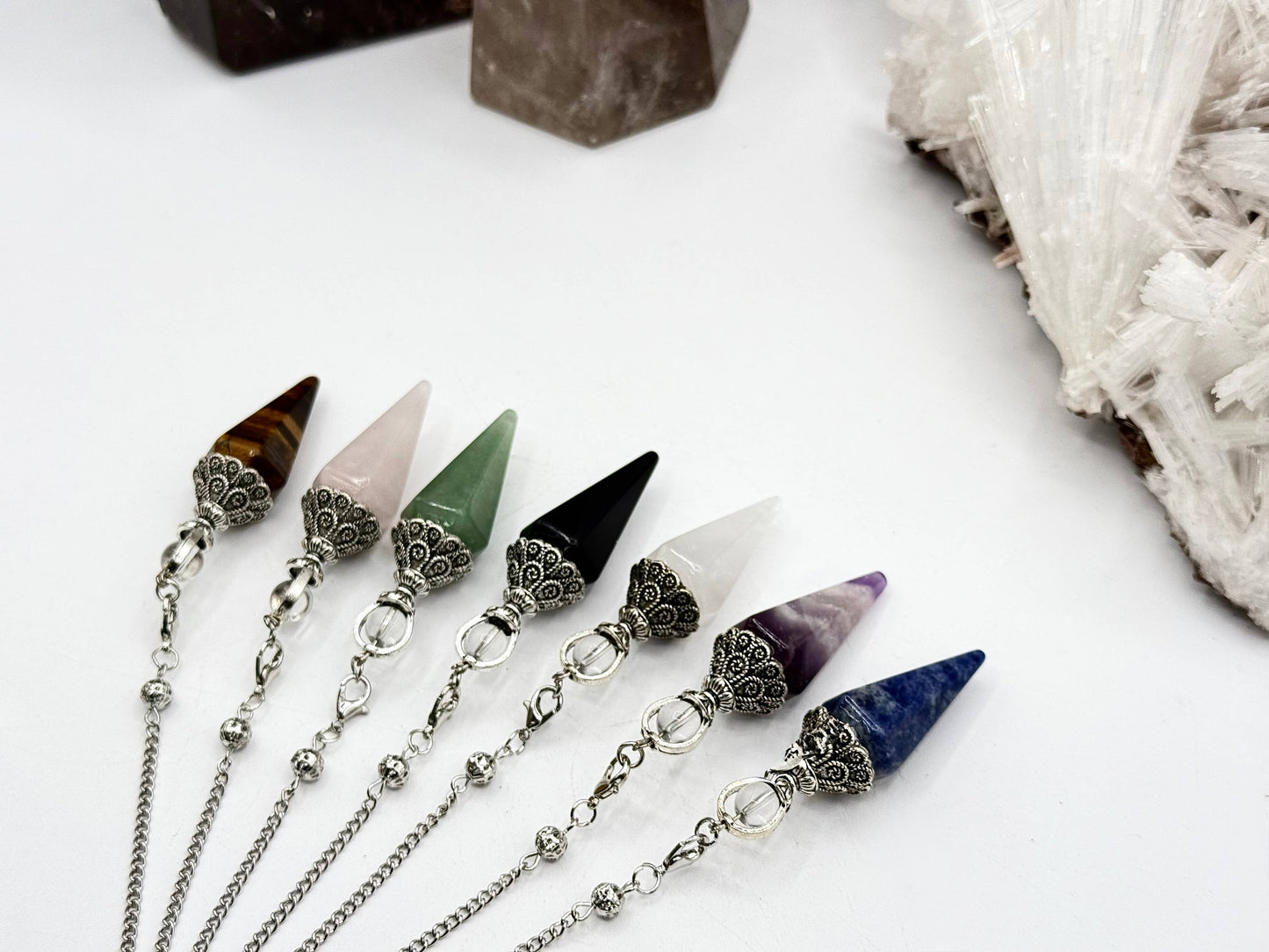 Clear Quartz Double Cap Pendulum with Silver Plate Chain