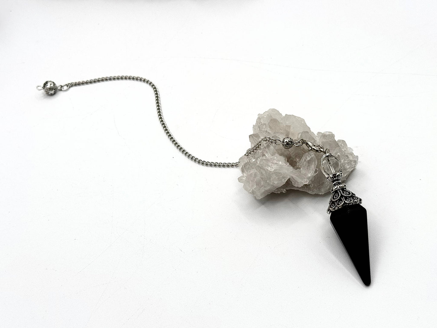 Black Obsidian Double Cap Pendulum with Silver Plate Chain