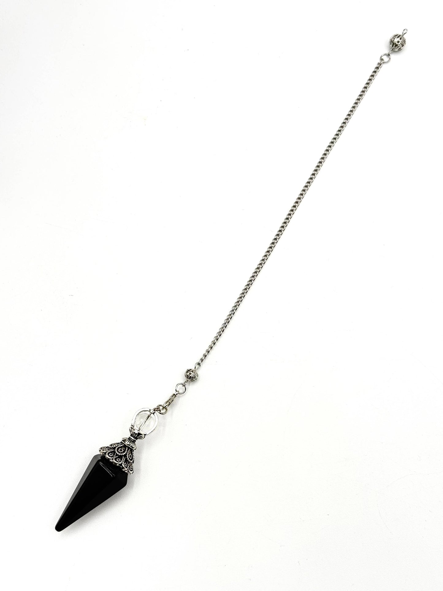 Black Obsidian Double Cap Pendulum with Silver Plate Chain
